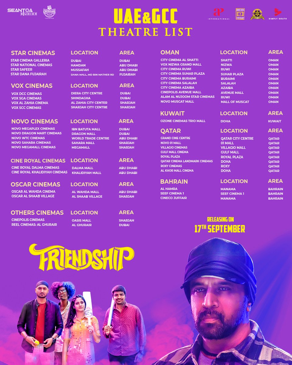 AP International (@apifilms) on Twitter photo Here's the theatre list for #Friendship, releasing in the Singapore, Malaysia, USA, Canada, UK, UAE & GCC on 17th Sept.
<a href="/akarjunofficial/">Arjun</a> <a href="/harbhajan_singh/">Harbhajan Turbanator</a> #Losliya <a href="/actorsathish/">Sathish</a> <a href="/JPRJOHN1/">John paul Raj</a> <a href="/shamsuryastepup/">Sham Surya</a> #SeantoaStudio <a href="/CinemaassS/">CINEMAAS STUDIOS</a>
#FriendshipFromSep17th #FriendshipFromTomorrow Here's the theatre list for #Friendship, releasing in the Singapore, Malaysia, USA, Canada, UK, UAE & GCC on 17th Sept.
<a href="/akarjunofficial/">Arjun</a> <a href="/harbhajan_singh/">Harbhajan Turbanator</a> #Losliya <a href="/actorsathish/">Sathish</a> <a href="/JPRJOHN1/">John paul Raj</a> <a href="/shamsuryastepup/">Sham Surya</a> #SeantoaStudio <a href="/CinemaassS/">CINEMAAS STUDIOS</a>
#FriendshipFromSep17th #FriendshipFromTomorrow