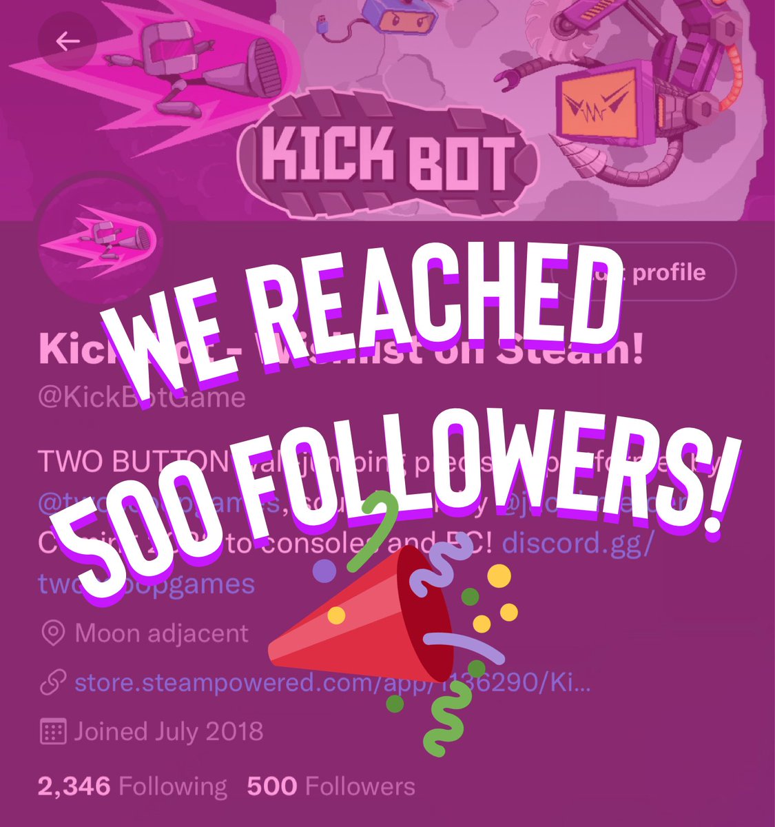 KickBotGame's tweet photo. We reached 500 followers – that’s like how many times y’all are gonna die per level in Kick Bot! 

#samejoke https://t.co/NHUQhdFzBj