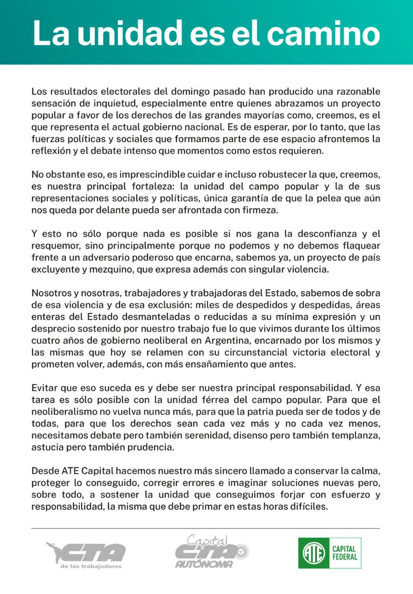 📣Desde ATE Capital hacemos nuestro más sincero llamado a conservar la calma, proteger lo conseguido, corregir errores e imaginar soluciones nuevas pero, sobre todo, a sostener la unidad que conseguimos forjar con esfuerzo y responsabilidad.
📝bit.ly/3nDCfjW