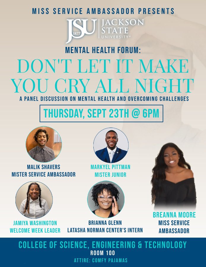 JsuServe's tweet photo. Hey Tigers! Relax, Renew &amp; Refresh with Miss Service Ambassador next Thursday! Join us for an hour of conversations about mental health and best practices! 

Wear your flyest pajamas (MUST BE APPROPRIATE) to be entered into a contest!

We hope to see you, next Thursday! 🐯💙🤍 https://t.co/DGRspScQ8G