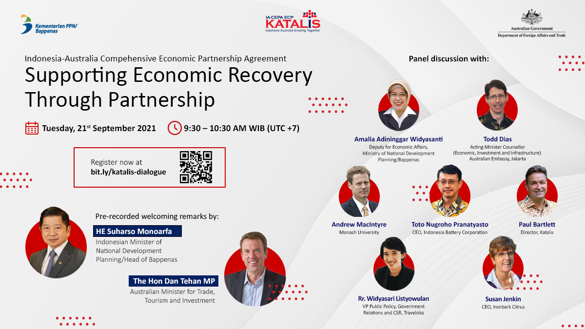 Join <a href="/BappenasRI/">Kementerian PPN/Bappenas</a> and <a href="/dfat/">Department of Foreign Affairs and Trade 🇦🇺</a> in a forum that will discuss Indonesian🇮🇩 and Australian🇦🇺 post-pandemic economic recovery through the #IACEPA lens. Tuesday, 21 September 2021 at 0930 WIB (UTC+7). Register now at bit.ly/katalis-dialog…