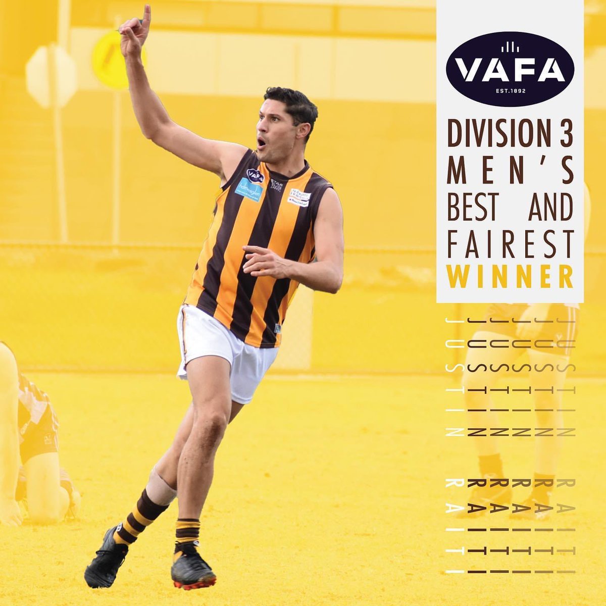 Congratulations to Hawks skipper, Justin Raiti, on winning the Peter Hutchinson Medal for Men's Division 3 League Best &amp; Fairest. This is Justin's second League B&amp;F since joining the club after taking out the award in 2018. Thanks also to Justin’s wife Jill for her support!