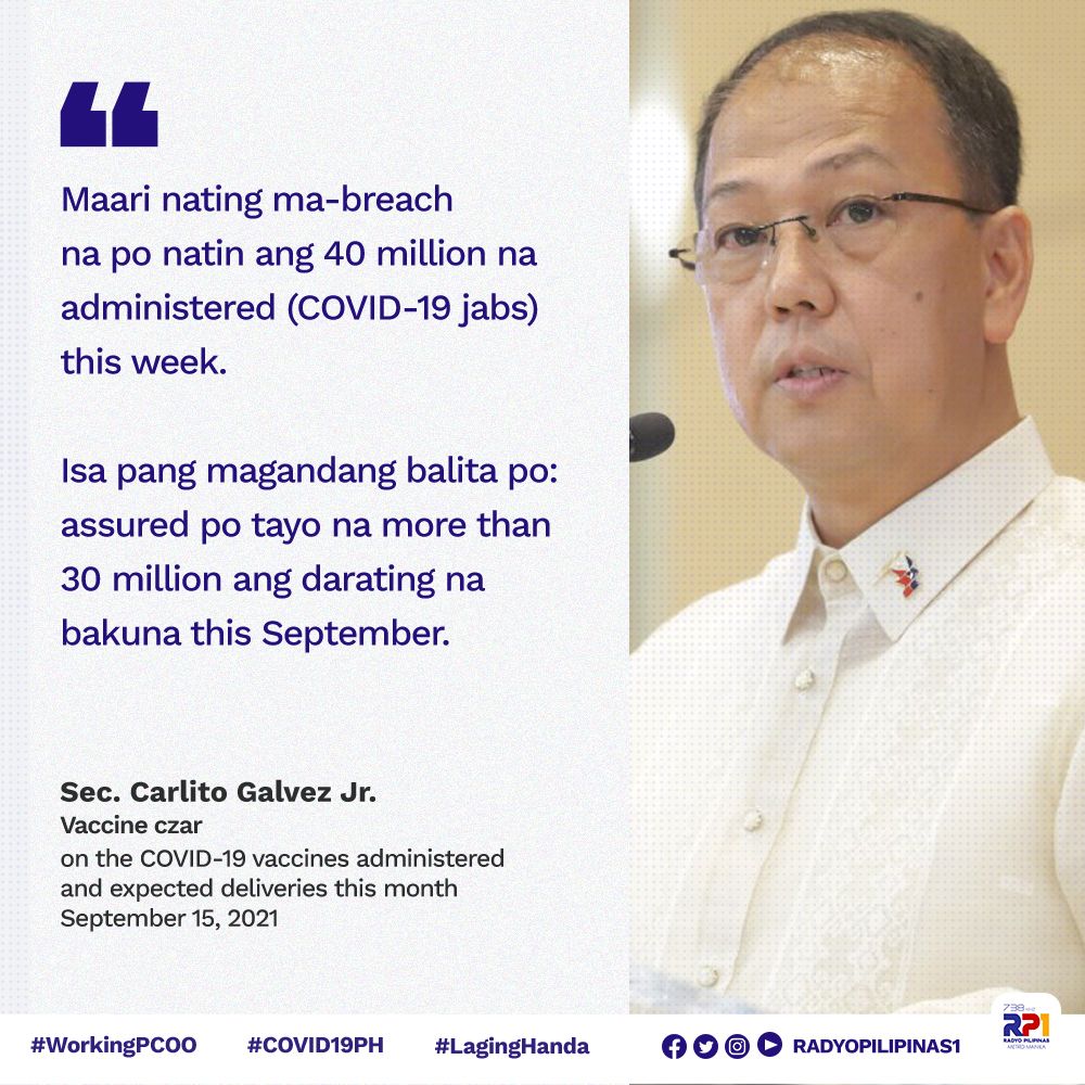 radyopilipinas1's tweet photo. Ibinalita ni NTF Chief Sec. Galvez na malapit nang pumalo sa 40 milyon ang COVID-19 vaccines na naiturok sa bansa ngayong linggo, habang nakatakda namang dumating ang 30 milyong doses ngayong buwan. https://t.co/M9hOsRBlm4