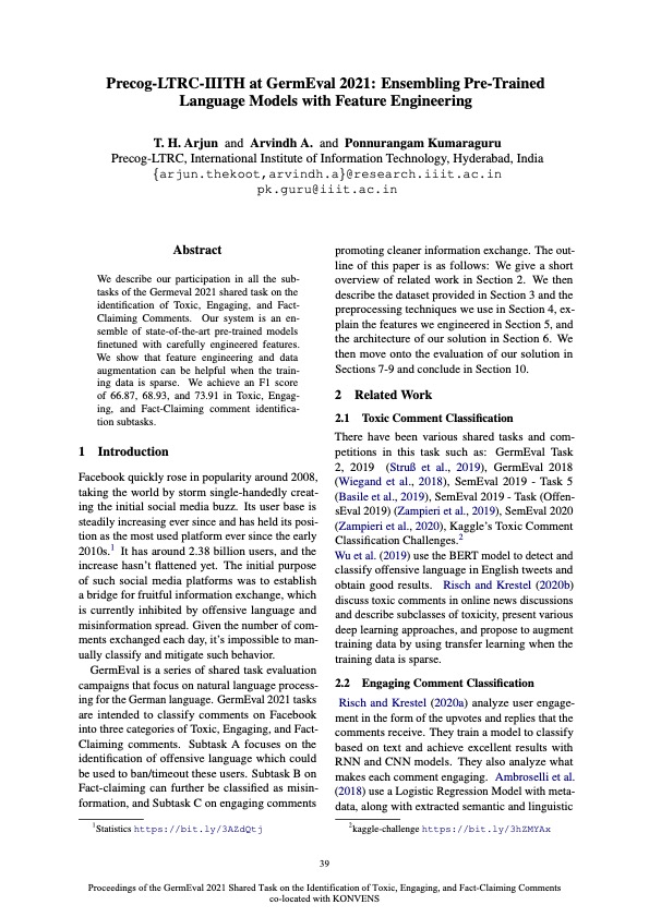 🎉🎉 Our analysis on #Toxic #Engaging &amp; #Fact-Claiming #Comments ranked 6 of 15 across all shared tasks in #GermEval 2021 #KONVENS 
Work by 👌 students  <a href="/THArjun2/">T.H.Arjun</a> <a href="/arvindh__a/">Arvindh Arun</a> 
Paper: netlibrary.aau.at/download/pdf/6… 
Code: github.com/arjunth2001/Ge… 
\c <a href="/deepset_ai/">deepset, makers of Haystack</a> <a href="/HHU_de/">Heinrich-Heine-Universität Düsseldorf</a>
Findings 🔎 🧵👇