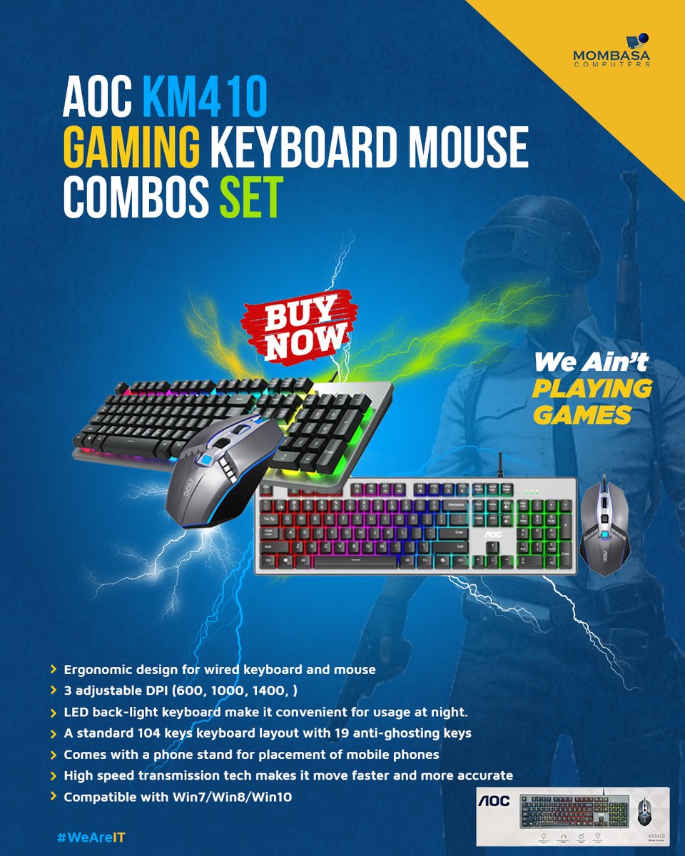 MombasaComputer's tweet photo. We have something GREAT for the REAL KEYBOARD WORRIORS. The AOC KM410 Gaming keyboard and mouse combo set is a must have have for any SERIOUS gamer. WE AIN'T PLAYING GAMES HERE

The features are just amazing, too many to  fit in 140 characters, check out the flyer for more. https://t.co/DVwKNKftoq