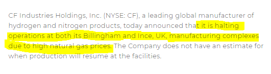 EUROPE'S ENERGY CRUNCH: A leading fertilizer company is shutting down two factories in the UK due to high natural gas prices. The energy crunch is starting to have a real impact in the economy | #CommodityInflation #EuropeanEnergyCrunch Full statement: cfindustries.com/newsroom/2021/…