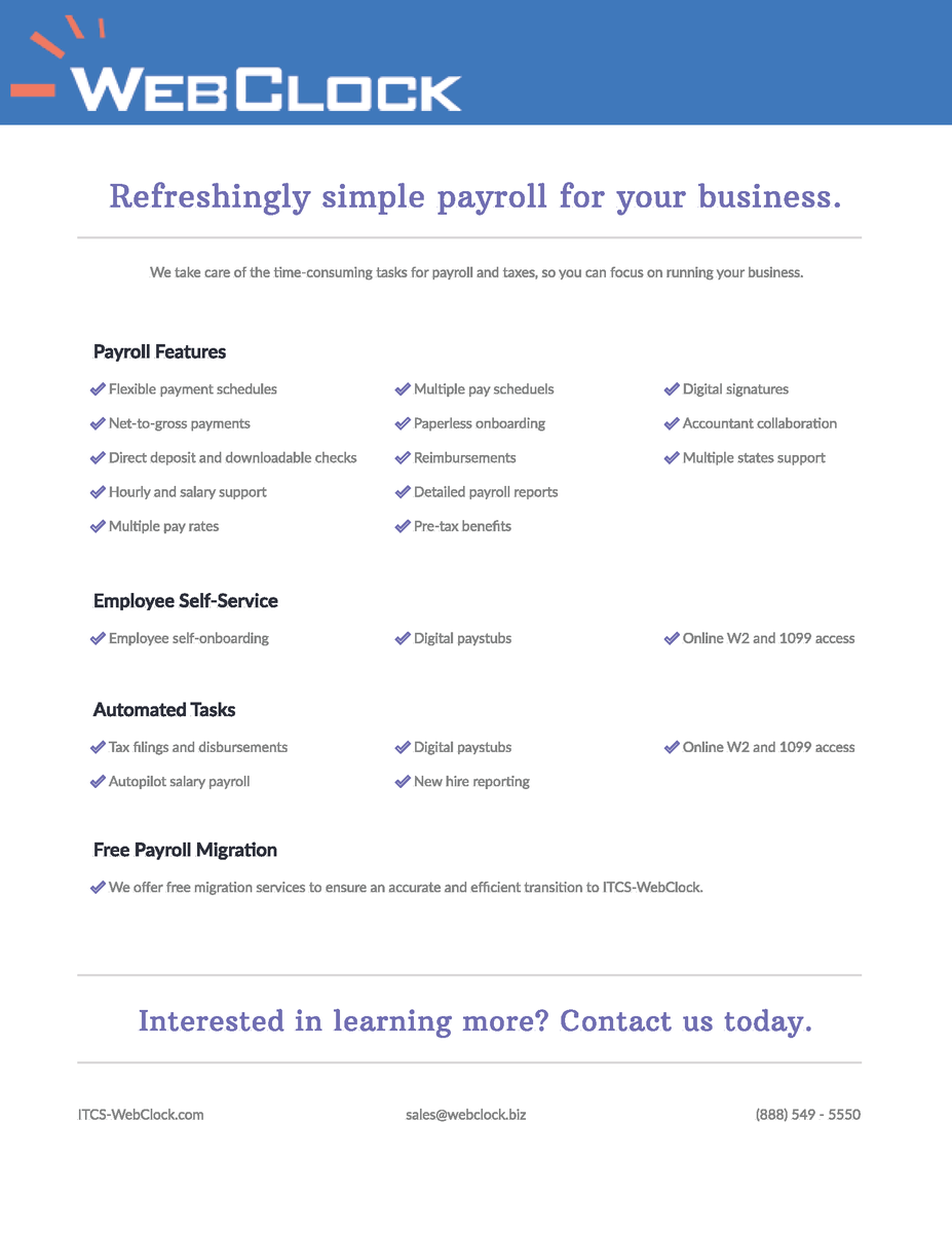 ITCSWebClock's tweet photo. Want a simple yet effective way to take care of your payroll? We have you covered. We take care of the time-consuming tasks for payroll and taxes, so you can focus on running your business. Reach out to us today at sales@webclock.biz! #payroll #employeeselfservice  #itcswebclock https://t.co/wGKB4t0YOx