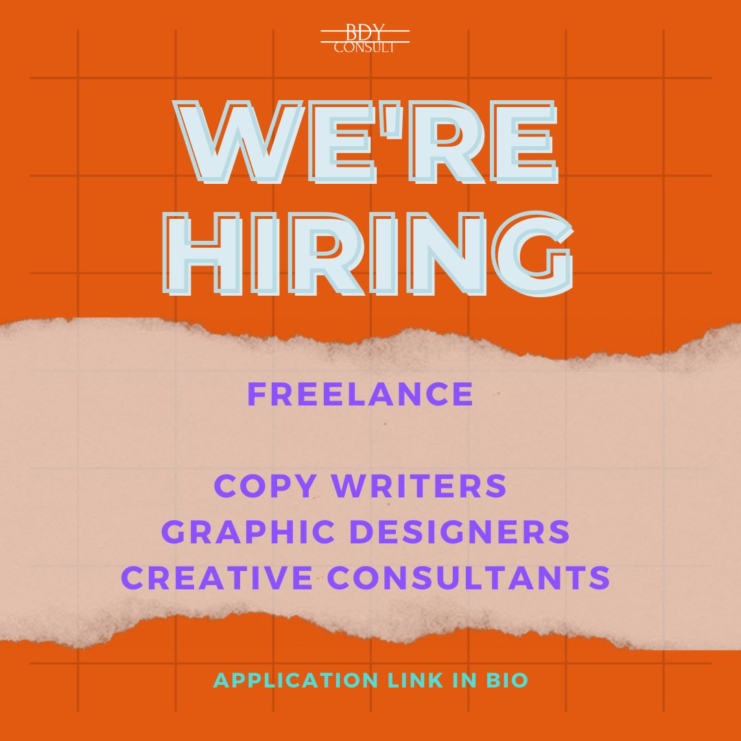 We're hiring! 

✨CREATIVE CONSULTANTS
✨SOCIAL MEDIA MANAGERS
✨BRAND/GRAPHIC DESIGNERS

Ready to do what you love and get paid for it? Apply here! bdyconsult.com/single-post/we…