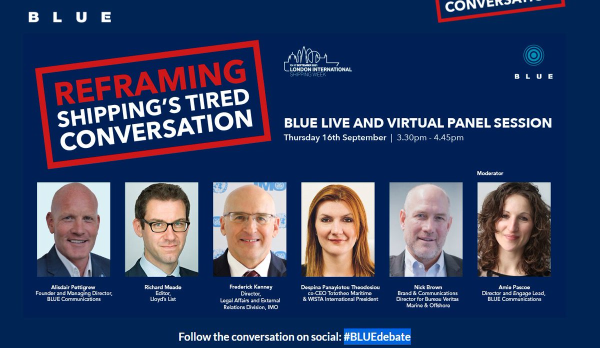 IMOHQ's tweet photo. Tune it this afternoon (16 September 3:30 London Time) for a promising debate on Reframing Shipping's Tired Conversation. IMO's Frederick Kenney, Director, Legal Affairs and External Relations will be on the panel. #BLUEdebate #LISW21 https://t.co/jE9ZEwmGP6 https://t.co/jaqpODmMi0