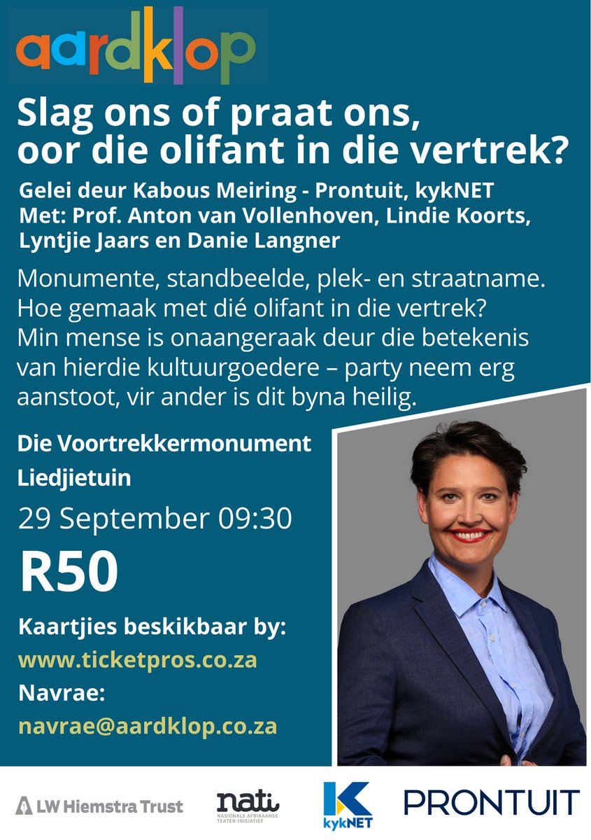 Kom gesels saam op <a href="/AardklopFees/">Aardklop Kunstefees</a> se gespreksreeks wat plaasvind by die <a href="/Voortrekkermon/">Voortrekker Monument</a>. <a href="/Kabous0010/">Kabous Meiring</a>  gesels met onder andere <a href="/Lyntjie13/">Lyntjie Jaars</a> en <a href="/lindiekoorts/">Lindie Koorts</a>