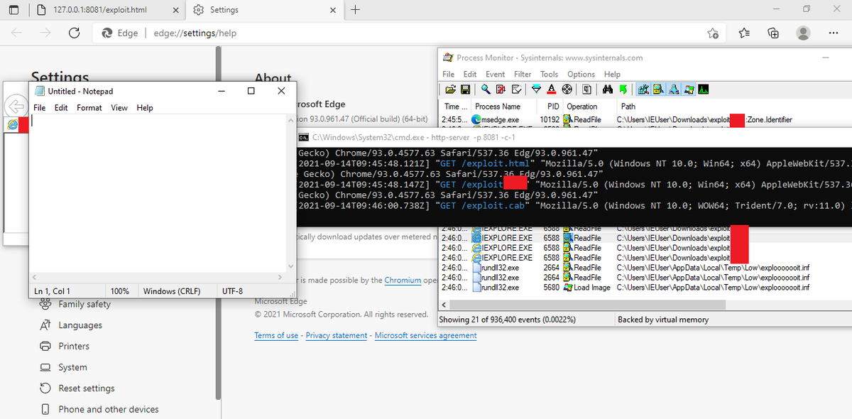 j00sean's tweet photo. Thanks to @revskills for a cool idea, CVE-2021-40444 reached over most of Windows browsers. 2 clicks needed to exploit this. This chain uses a new bug i've just informed to MS hours ago and patches for affected browsers incoming soon. Further details once fully fixed. https://t.co/3MaaO3wyt4