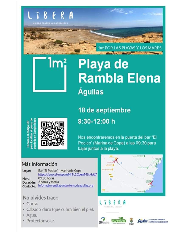 Este sábado 18 de septiembre se llevará a cabo una recogida de residuos en la Playa de Rambla Elena. Más información en nuestra web: ow.ly/P7wP50Gb29m