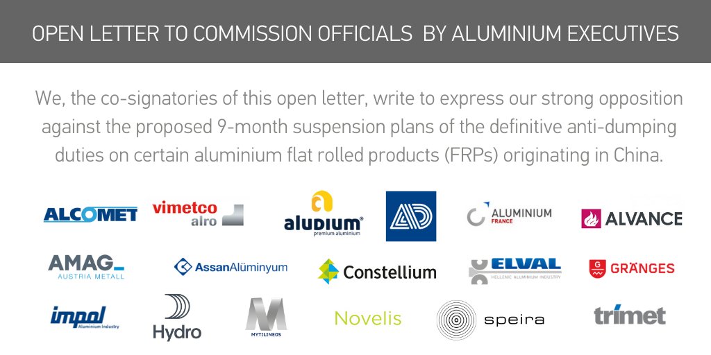 EUROPEAN ALUMINIUM (@eu_aluminium) on Twitter photo Executives of 17 European #aluminium companies have written <a href="/EU_Commission/">European Commission</a> <a href="/VDombrovskis/">Valdis Dombrovskis</a> to oppose the proposed 9-month suspension of anti-dumping duties on FRPs.
The 🇪🇺 must counter unfair trade practices & provide investment and legal certainty!
READ👉bit.ly/3nEDdMw Executives of 17 European #aluminium companies have written <a href="/EU_Commission/">European Commission</a> <a href="/VDombrovskis/">Valdis Dombrovskis</a> to oppose the proposed 9-month suspension of anti-dumping duties on FRPs.
The 🇪🇺 must counter unfair trade practices & provide investment and legal certainty!
READ👉bit.ly/3nEDdMw