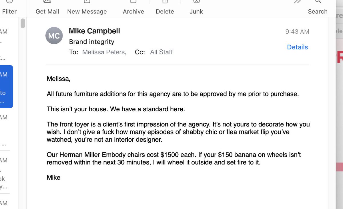 27bslash6's tweet image. Also, our office manager, Melissa, learnt recently that her name means 'bee' in Greek and took it upon herself to order a yellow chair. It was delivered the morning we were holding second interviews &amp;amp; Mike had a bit of a meltdown.