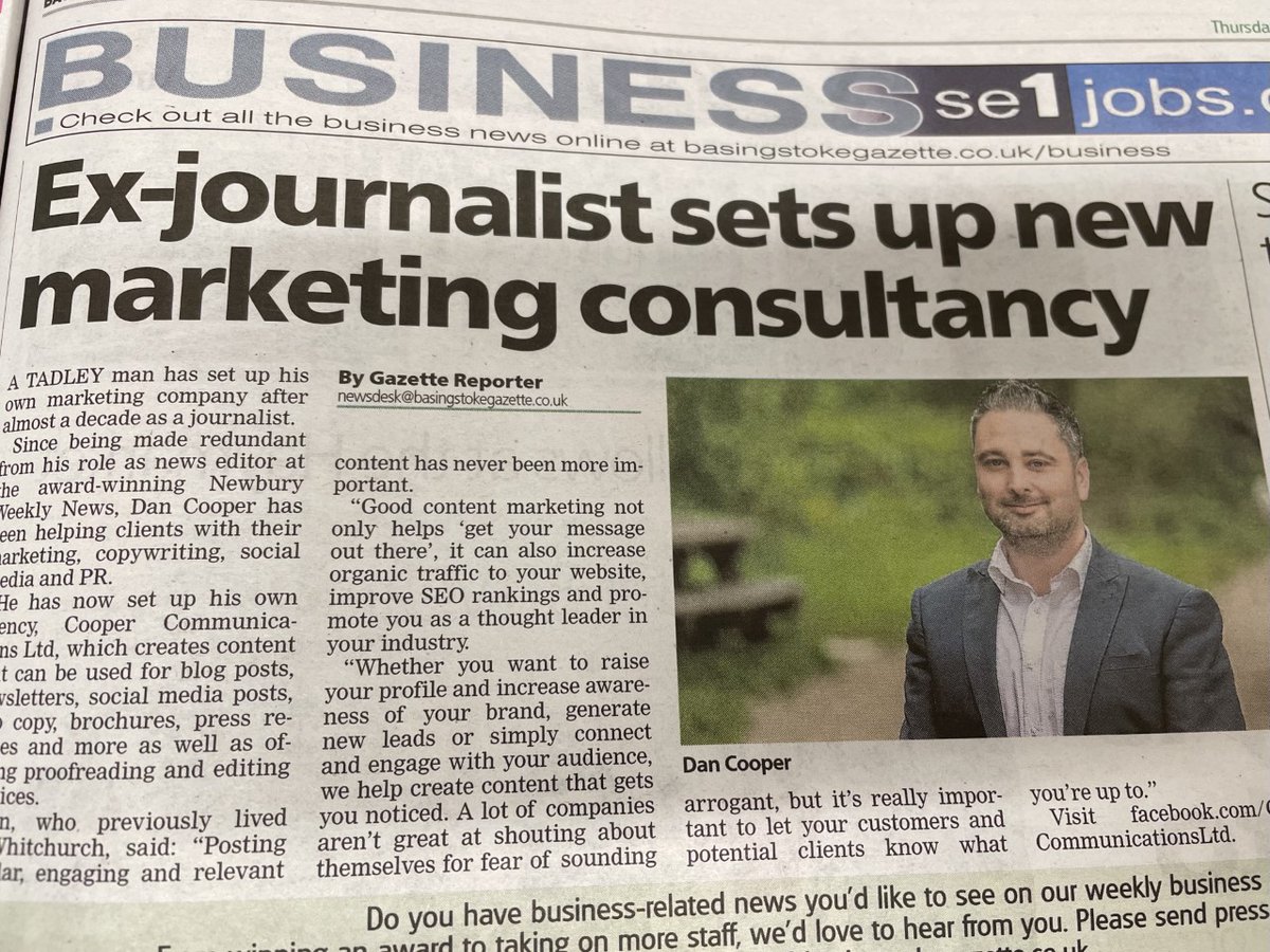 Used to seeing an article I've written in the paper, but not so used to seeing one about me!

Thank you to the <a href="/BasGazette/">Basingstoke Gazette</a> for publishing this about the launch of my content marketing and copywriting business, Cooper Communications Ltd.

#contentmarketing #copywriting #PR #social