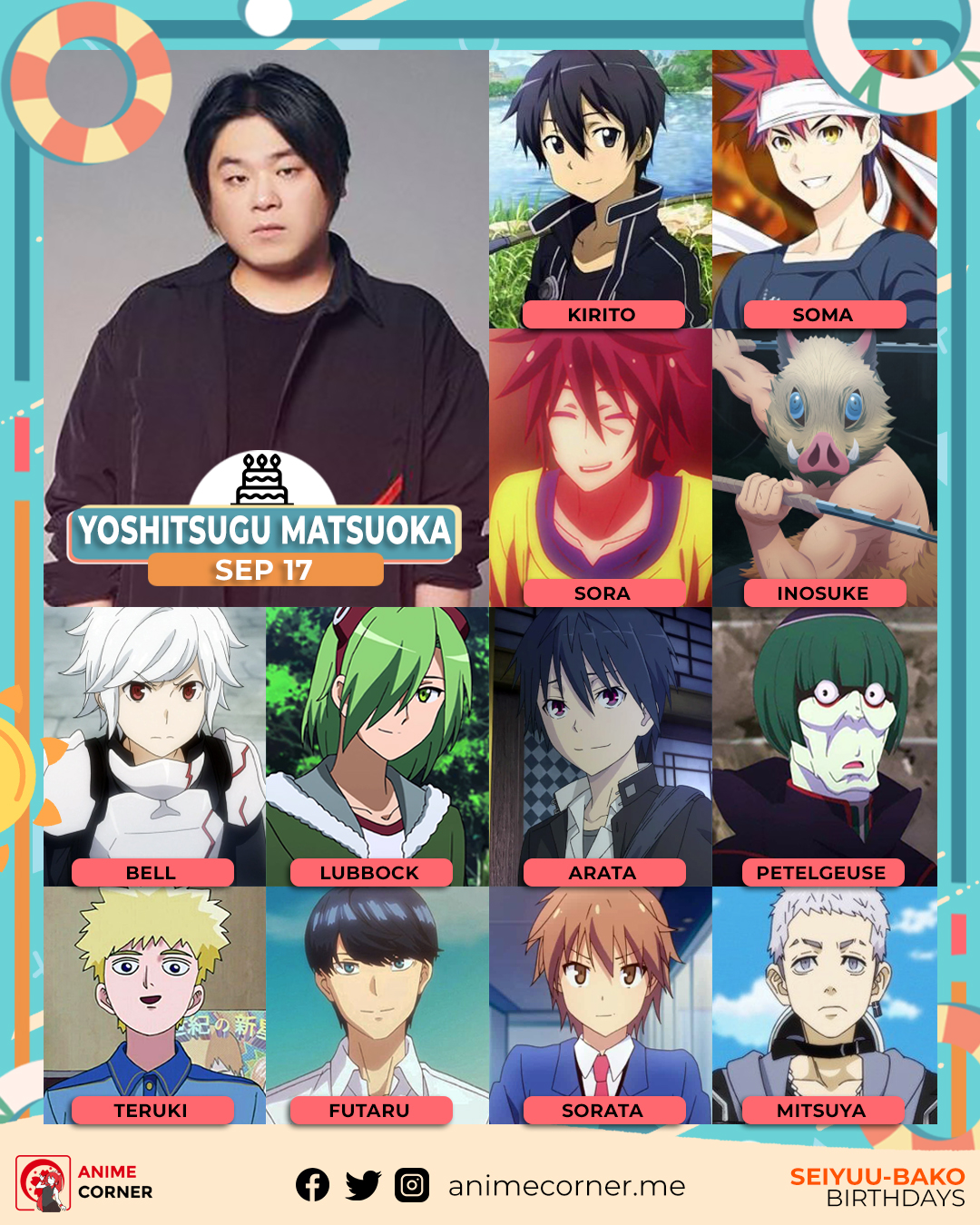 Anime Corner on X: Happy 35th Birthday Yoshitsugu Matsuoka! 🥳 He's known  for voicing Kirito from Sword Art Online, Soma Yukihira from Food Wars,  Sora from No Game No Life, Inosuke Hashibira