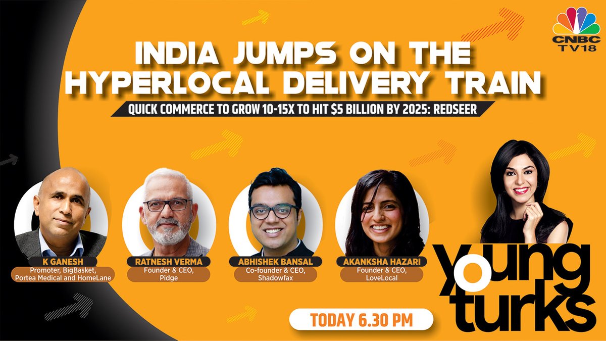 COMING UP @ 6:30 PM | India jumps on the hyperlocal delivery train

Catch <a href="/ShereenBhan/">Shereen Bhan</a> in conversation with <a href="/ganeshk03/">K.Ganesh</a>, <a href="/ratneshverm/">Ratnesh Verma</a>, <a href="/abheshekbansal/">Abhishek Bansal</a> &amp; @AkankshaHazari

<a href="/Pidge_mobility/">Pidge</a> <a href="/shadowfax_in/">Shadowfax</a> <a href="/LoveLocalindia/">LoveLocal</a>