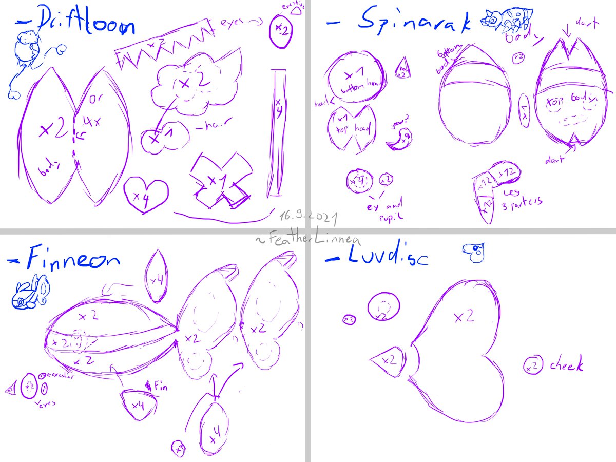 Future plushies I want to make, roughly sketched and non-usable pattern!

Any tips on plush pattern making is appreciated!

#sketch #patterndesign #plushpattern #luvdisc #finneon #driftloon #spinarak #pokemon