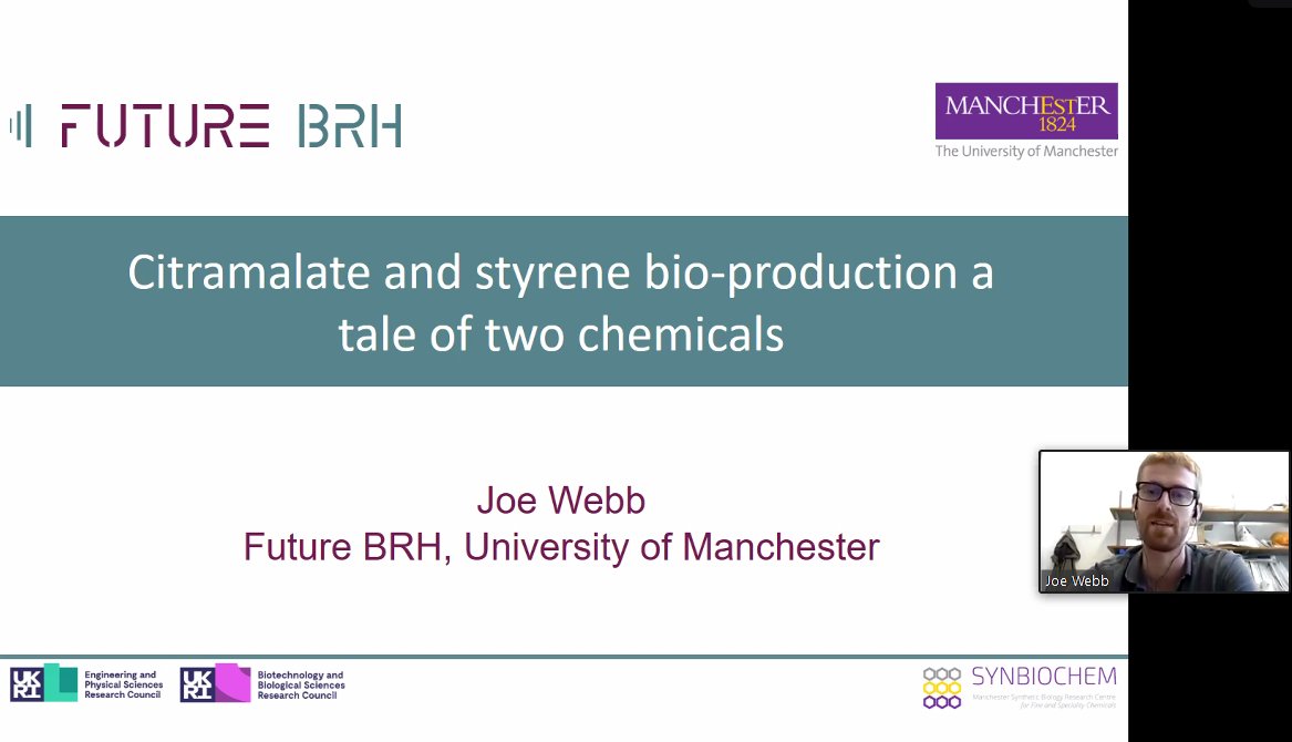 FutureBRH's tweet image. Great presentation from @FutureBRH Research Fellow Joe Webb at the Future BRH Science Board today. Joe told us about his work on citramalate and styrene bio-production. #biomanufacture @UoMMIB