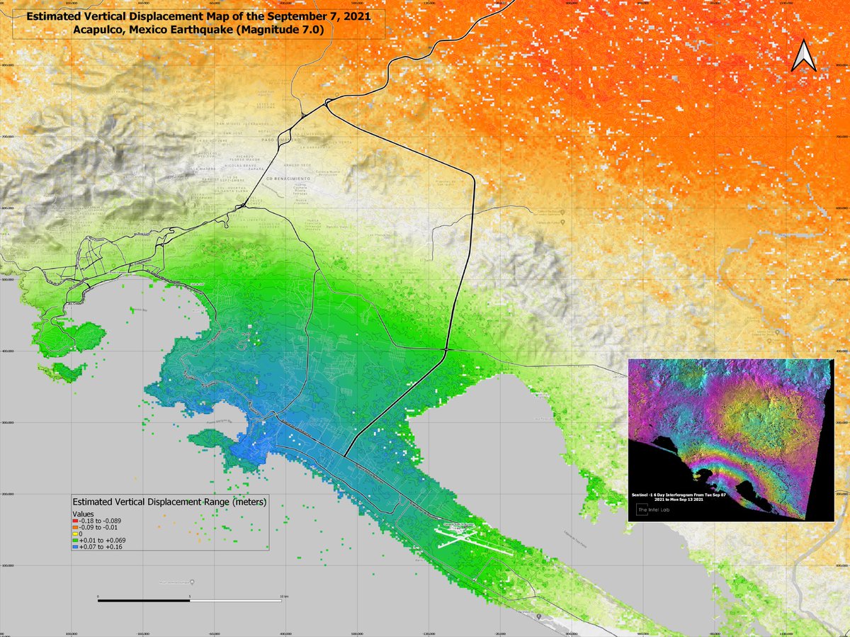 TheIntelLab's tweet image. Estimated Ground Vertical Displacement map of Sept 7 2021 powerful Mag 7.0 earthquake that struck #Acapulco #Mexico. Substantial uplift in the city (up to 16cm). Sentinel-1 SAR images courtesy of @CopernicusEU @sentinel_hub, interferogram processing via Gamma RS. #TheIntelLab