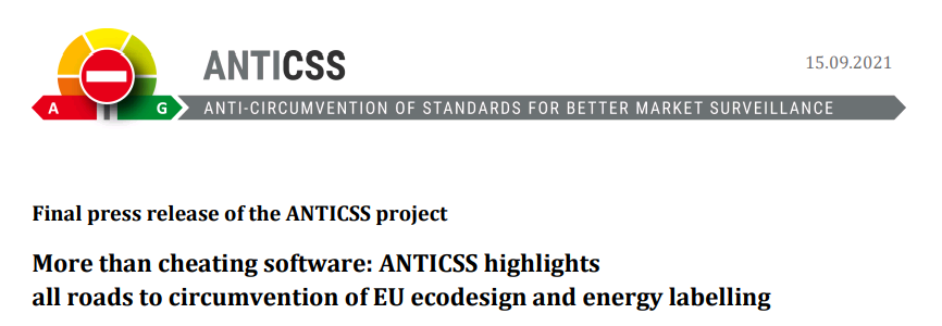 AntiCircumvent's tweet photo. More than cheating software: ANTICSS highlights
all roads to circumvention of EU ecodesign and energy labelling

Final press release on the circumvention forms identified and the project recommendations for its prevention.

In English and 🇨🇿🇩🇪🇦🇹🇮🇹🇵🇹 : 

https://t.co/XU35FN7X02 https://t.co/e33y5CfZEm