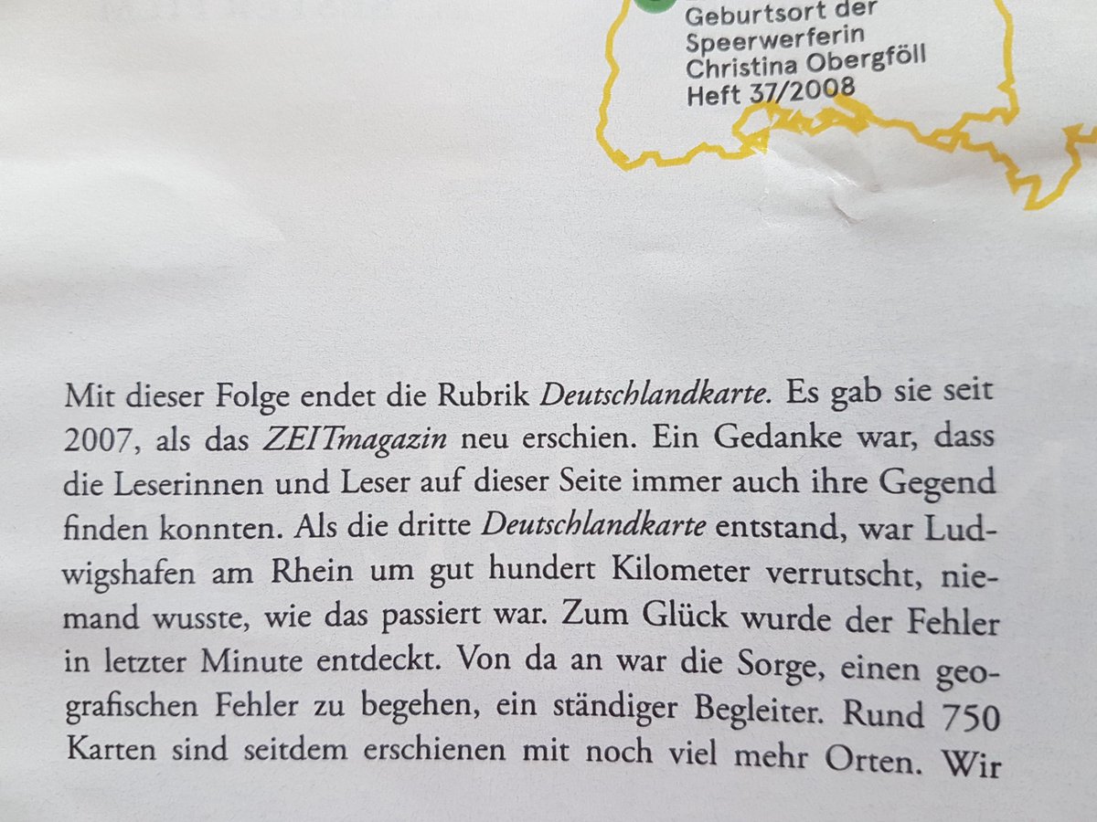 Toralf_R's tweet photo. Keine Deutschland-Karte mehr im "Zeit"-Magazin. Wie schade. Meine Lieblingsrubrik im deutschen Journalismus fällt weg. @zeitonline https://t.co/jRjS5Qcie4