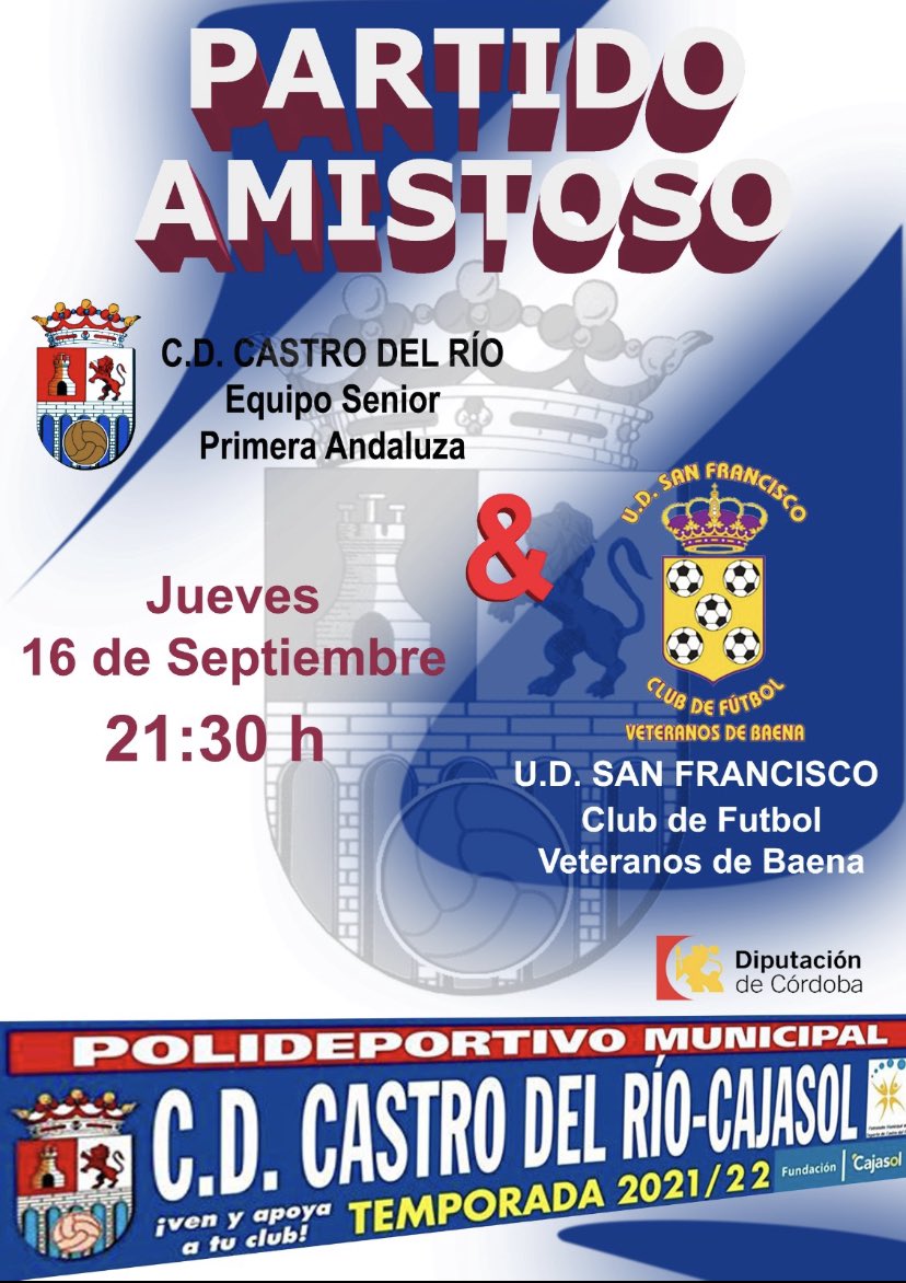 Cdcastrodelrio's tweet photo. ⚽️DÍA DE PARTIDO⚽️

⏰21.30h
🏟Municipal Castro Del Río
🆚 Veteranos San Francisco Baena 
🤝Amistoso https://t.co/6vT4m5oMsY