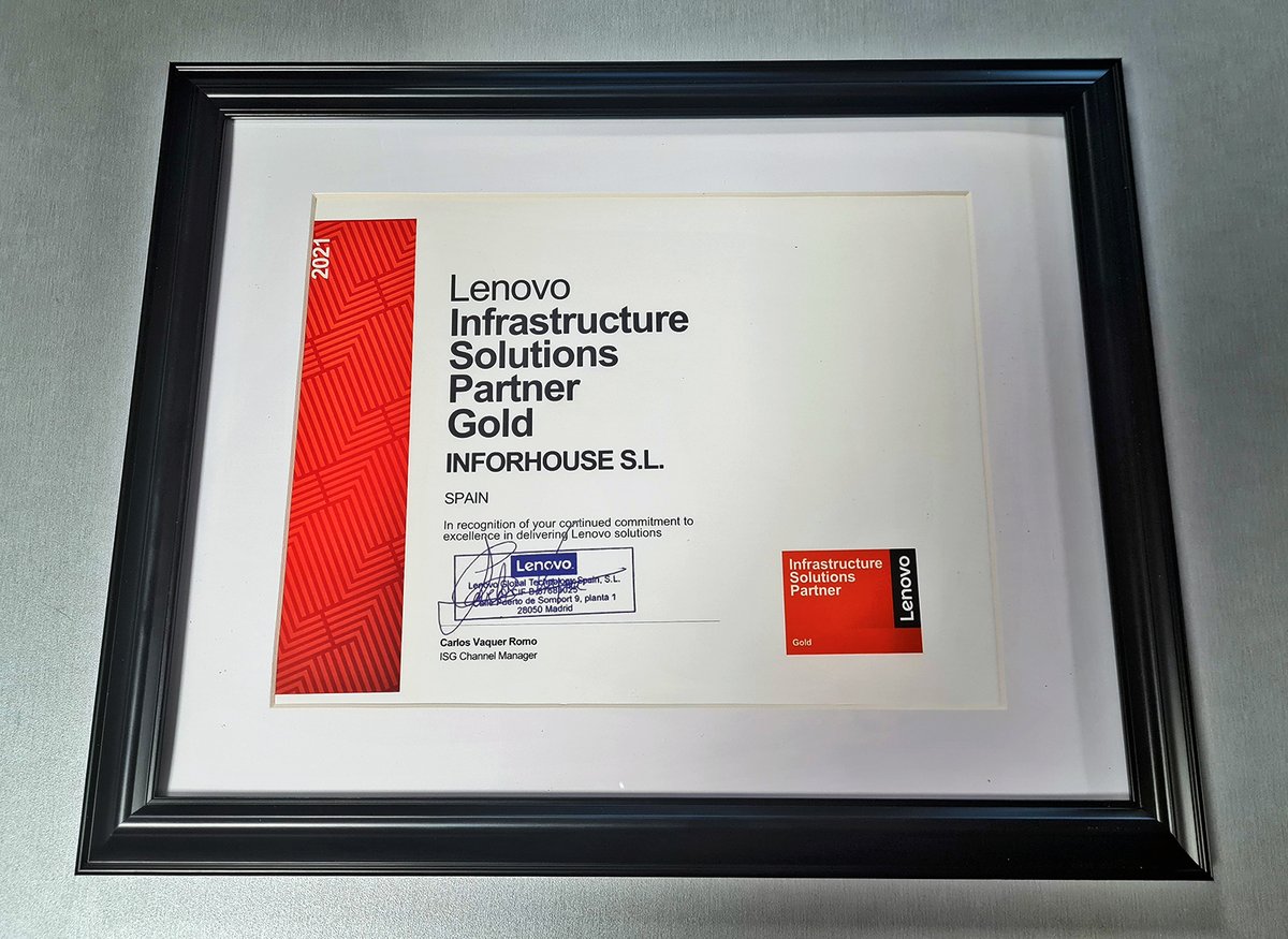 InforhouseSL's tweet photo. 🔝👏 Fantásticas noticias! Hace días nos visitaron nuestros amigos de @LenovoES y nos hicieron entrega de este certificado que nos acredita como #PartnerGold en Soluciones de Infraestructura Lenovo! 📜👇 https://t.co/42AGjDsFc9