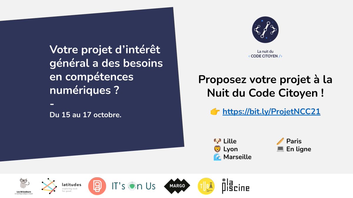 LesBricodeurs's tweet image. 🤩 La #NuitCodeCitoyen revient du 15 au 17 Octobre!
48h pour contribuer sur des projets numériques sur le thème des #Transitions. ☘️
Quelles que soient vos compétences (dev, product, design), venez vivre une aventure humaine intense !
👉 Inscriptions sur : bit.ly/InscriptionNCC…