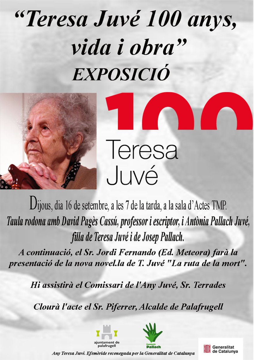 📣 Avui, a les 19 h: Taula rodona 'Teresa Juvé 100 anys, vida i obra', i presentació de la nova novel·la de l'autora: 'La ruta de la mort'.

📍 Sala d'actes TMP, @ajpalafrugell.

@TerradesToni @jordifernando53 @EditorsMeteora @fundaciopallach @lletres