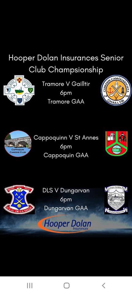 Waterford Camogie (@deisecamogie) on Twitter photo Hooper Dolan Insurances Senior championship commences on Saturday next at 6PM , please come out and support <a href="/WLRFMsport/">WLR Sport</a> <a href="/WhelanGavin/">Gavin Whelan</a> <a href="/tomasmcc/">Tomás McCarthy</a> <a href="/ThomasKeane1973/">Thomas Keane</a> <a href="/GailltirCamogie/">Gailltír Camogie</a> <a href="/Lismorecamogie/">Lismore Camogie Club</a> <a href="/clgdungarvan/">Dungarvan G.A.A</a> <a href="/TramoreGAA13/">Tramore GAA</a> <a href="/CappoquinCC/">Cappoquin Camogie</a> <a href="/StAnnesCamogLgf/">St.Annes Camogie And Ladies Football Club</a> <a href="/IamClubDeise/">Club Déise</a> <a href="/DeiseInDub/">Déise In Dublin</a> Hooper Dolan Insurances Senior championship commences on Saturday next at 6PM , please come out and support <a href="/WLRFMsport/">WLR Sport</a> <a href="/WhelanGavin/">Gavin Whelan</a> <a href="/tomasmcc/">Tomás McCarthy</a> <a href="/ThomasKeane1973/">Thomas Keane</a> <a href="/GailltirCamogie/">Gailltír Camogie</a> <a href="/Lismorecamogie/">Lismore Camogie Club</a> <a href="/clgdungarvan/">Dungarvan G.A.A</a> <a href="/TramoreGAA13/">Tramore GAA</a> <a href="/CappoquinCC/">Cappoquin Camogie</a> <a href="/StAnnesCamogLgf/">St.Annes Camogie And Ladies Football Club</a> <a href="/IamClubDeise/">Club Déise</a> <a href="/DeiseInDub/">Déise In Dublin</a>