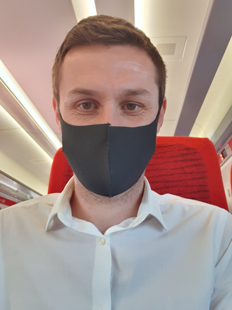 ChrisStacey's tweet photo. First train journey since March 2020 today. Looking forward to seeing some Clinksters @Clinks_Tweets in real life. Realised my face mask matches my 'working from home' uniform of a plain black t-shirt - upgraded to a proper white shirt today though! #makinganeffort https://t.co/k340G9HxNu