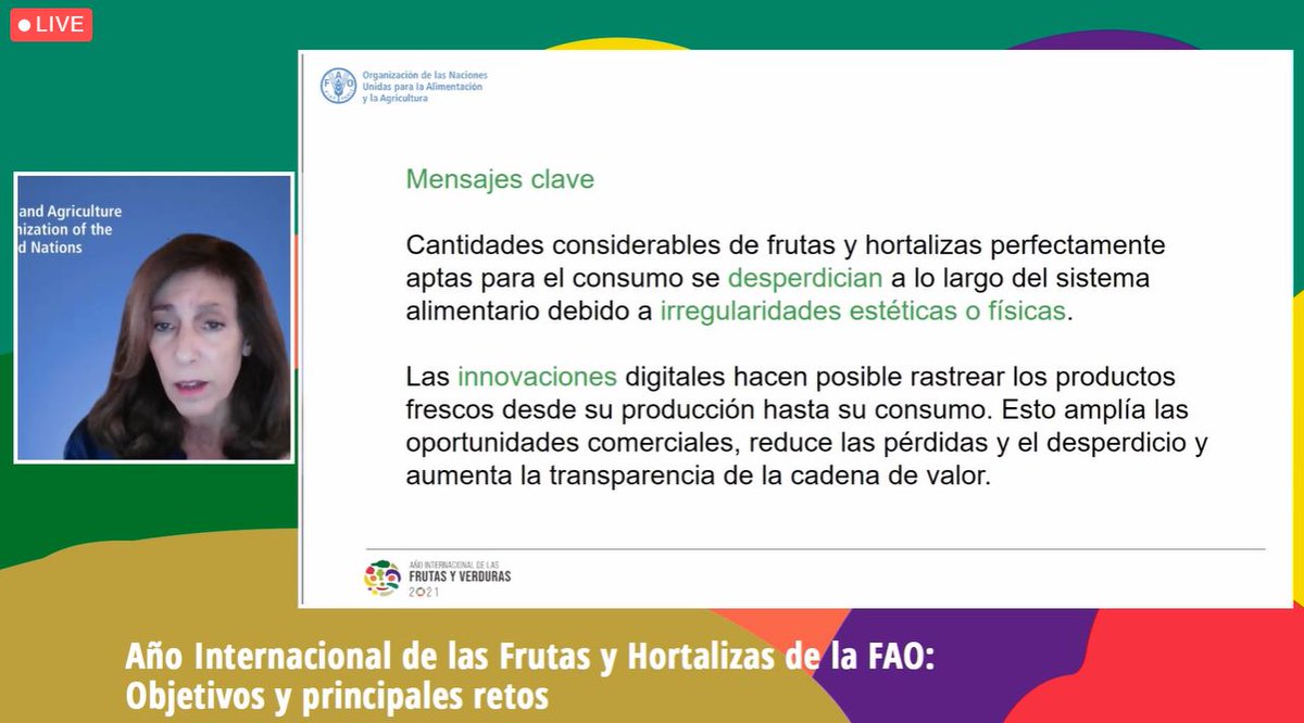 "Hasta un 50% de frutas y hortalizas producidas en los países en desarrollo se pierde" Marcela Villarreal <a href="/FAO/">Food and Agriculture Organization</a> 
Webinar @mapagob El desafío y la oportunidad de las tecnologías📲🍎

Soluciones como <a href="/tics4fruit/">TICS4FRUIT</a> ayudan a optimizar la cadena y reducir el desperdicio alimentario #AIFV
