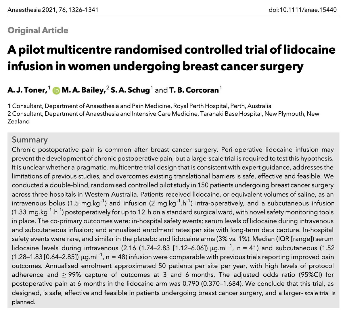 ππ―π’π¦π΄π΅π©π¦π΄πͺπ’ (@anaes_journal) on Twitter photo πA pilot multicentre randomised controlled trial of lidocaine infusion in women undergoing breast cancer surgery.
This pilot study from <a href="/Tomundoc/">Tomas Corcoran</a> is now available to read and download #FreeForADay!
πβ¦-publications.onlinelibrary.wiley.com/doi/10.1111/anβ¦ πA pilot multicentre randomised controlled trial of lidocaine infusion in women undergoing breast cancer surgery.
This pilot study from <a href="/Tomundoc/">Tomas Corcoran</a> is now available to read and download #FreeForADay!
πβ¦-publications.onlinelibrary.wiley.com/doi/10.1111/anβ¦