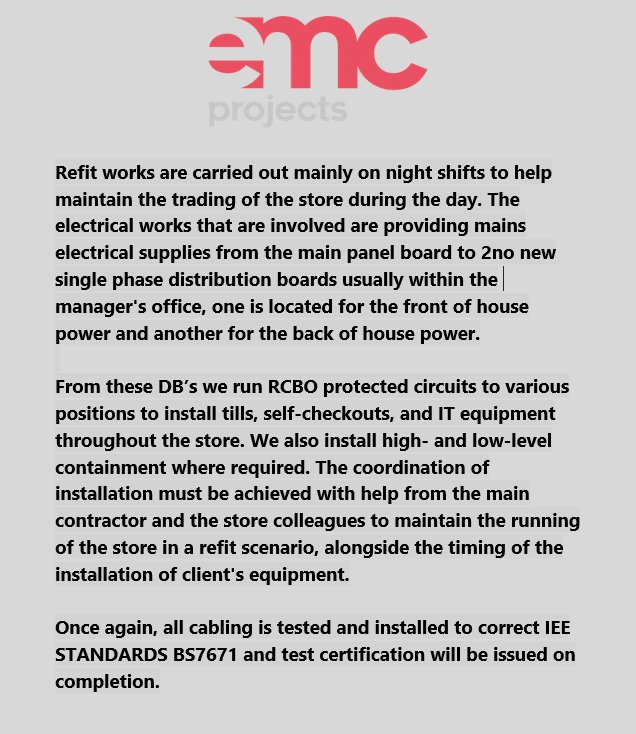 ProjectsEMC's tweet image. AT EMC Projects we are involved in providing EPOS Power and Data installations in retail grocery stores, this involves new stores or refits in existing stores....
 
#EMCProjects #Retail