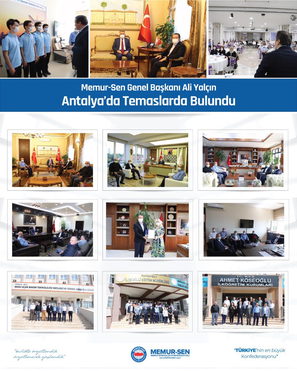 Antalya’da Temaslarda Bulunduk

Antalya Valisi Ersin Yazıcı,Rektör Özlenen Özkan,İl MEM Hüseyin Er başta olmak üzere çeşitli temaslarda bulunup,sendikal çalışmalara katıldık

Toplu Sözleşme süreci devam ederken gerçekleşen orman yangınlarında zarar gören Manavgat’ı  ziyaret ettik