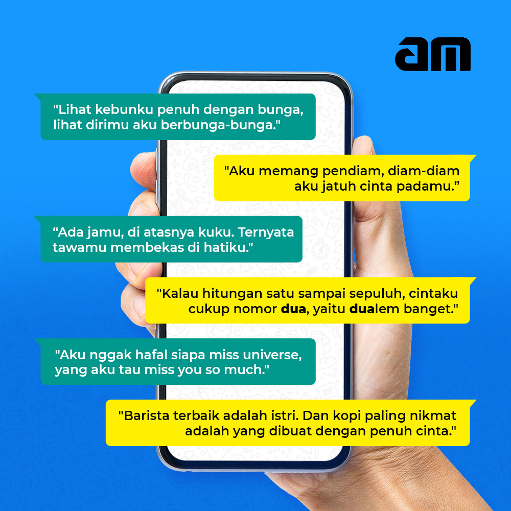 AM_MortarID's tweet photo. Pada suatu hari, Bapack-bapack di kelurahan AMan sedang asik sharing gombalan jitu di grup chat.. Coba intip gombalan ala Bapack Kelurahan AMan yuk👇

Gimana nih Bapack dapet inspirasi gak buat gombalin istri? 😁
#AMuntukIndonesia https://t.co/NZJx5doY4b