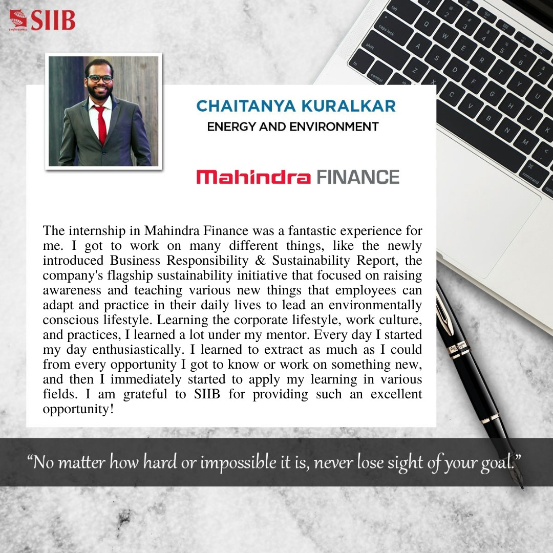 SIIBTweets's tweet photo. Today on #LEAP, we have Chaitanya Kuralkar from #MBA-Energy &amp; Environment, giving us insights into his #internship experience.
Let's have a look at his journey of interning at @MahindraFin.

@symbiosistweets

#SIIB #Pune #Mahindra #Finance #ThursdayThoughts #ThursdayMotivation https://t.co/r9WfARzjN1