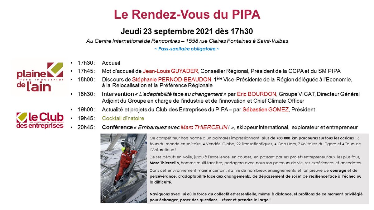PipaClub's tweet image. [#plainedelain] Le navigateur ⛵️ @MarcThiercelin sera notre invité lors du "Rendez-vous du PIPA" du 23 septembre à Saint-Vulbas ! 👉myplainedelain.fr/evenements/le-… #ain