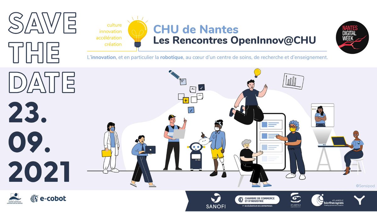 Retrouvez-nous en ligne le 23 septembre lors de la <a href="/NantesDigitalW/">Nantes Digital Week</a> pour les Rencontres OpenInnov@CHU. Nous parlerons innovation et #robotique à l'hôpital . Ouvert à tous, sur inscription: urlz.fr/goa8 #NantesDigitalW #Nantes