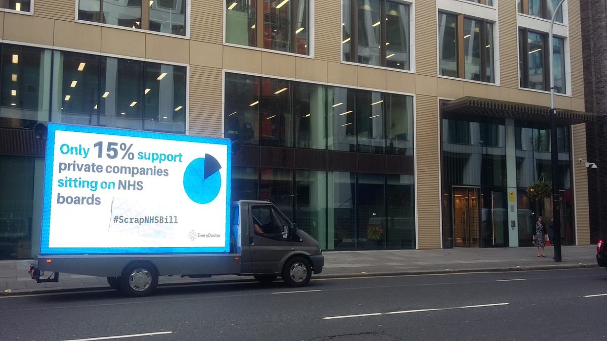 “Dear <a href="/sajidjavid/">Sajid Javid</a>,

We’re parked up outside the Department of Health and Social Care to deliver a message loud and clear. The Health+Care Bill you’re pushing through Parliament will accelerate NHS privatisation🚨, and the public don’t want it👇

If you agree, RT #ScrapNHSBill 💙