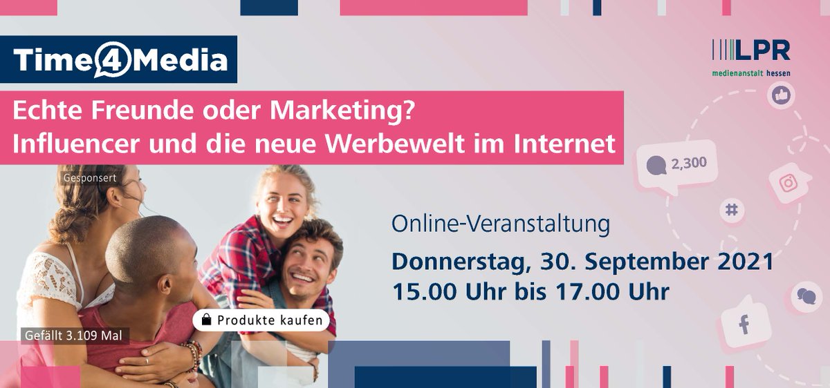 Vielen Dank an die LPR Hessen für die Einladung als Expertin 🤓 zum Online-Forum "#Influencer und die neue Werbewelt im Internet". Es geht um die Bedeutung von #SocialMedia und Influencern für Jugendliche. 
👉  Anmeldung unter lpr-hessen.de/time4media