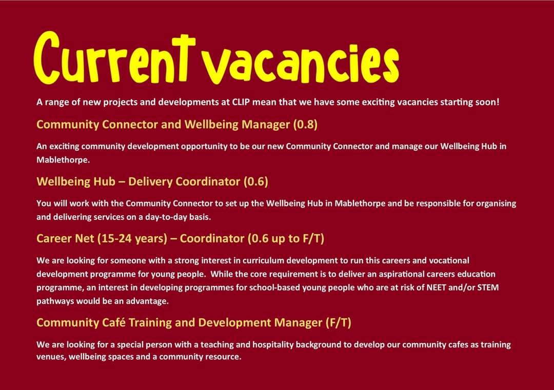 Only a couple of days left to apply for these exciting new roles at CLIP!  If you want to make a difference to local communities please get in touch. #Lincolnshire #makingadifference #localcommunities #Wellbeing #Health