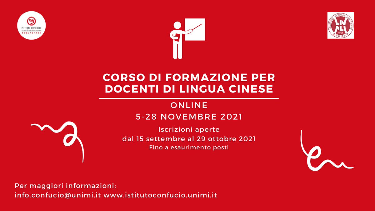 La Liaoning Normal University organizza un corso di formazione online per docenti di lingua cinese e aspiranti docenti. Il corso è rivolto a chi già insegna e a studenti di laurea magistrale interessati alla didattica.
Per maggiori informazioni: istitutoconfucio.unimi.it/2021/09/corso-…