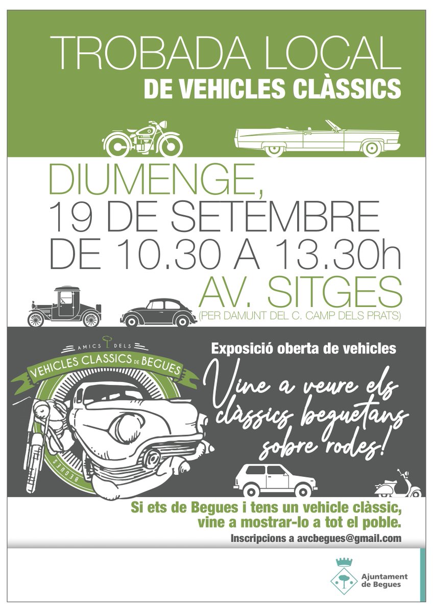 🚗 T'agraden els vehicles clàssics? Vius a #Begues i en tens un?

🚙 Doncs vine a participar o a admirar els vehicles que trobaràs diumenge (de 10.30 a 13.30 h) a l'avinguda Sitges en un esdeveniment organitzat pels <a href="/Avcbegues/">Clàssics de Begues</a> 

ℹ️ Informació i inscripcions 👉avcbegues@gmail.com