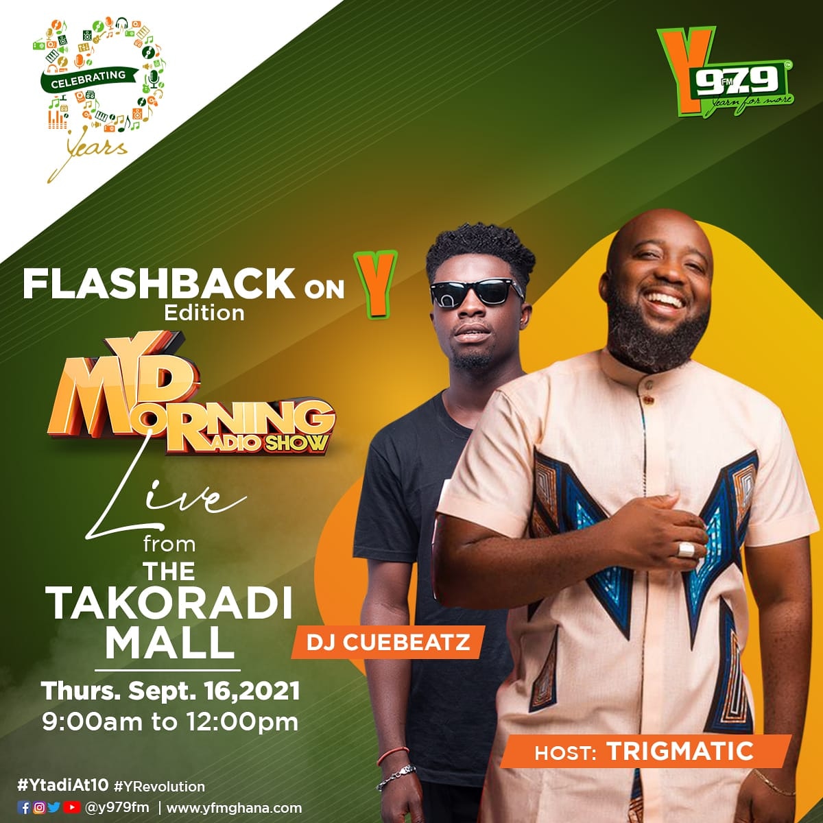Y979FM's tweet photo. #FlashbackOnY edition of #MMRS w/ @trigmaticrocks & @DjCuebeatzGh is airborne ๐ซ
Tune in ๐ป
#YTadiAt10 https://t.co/YUH2cIP7EG