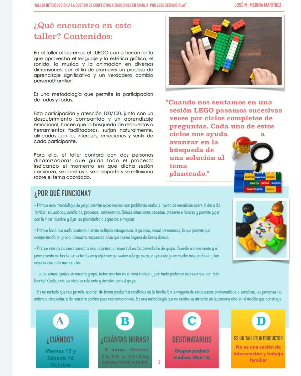 CentroClara's tweet photo. NUEVO TALLER DE LEGO: RESOLUCIÓN DE CONFLICTOS Y EXPRESIÓN DE EMOCIONES

- Viernes 15 Octubre, 16-20 h y Sábado 16 de Octubre 10-14 h
- Dirigido a: Padres y madres 

¡Inscripciones abiertas!
📩 centroclara@gmail.com
📞 684 10 82 13 https://t.co/EoF6HvKkJV
