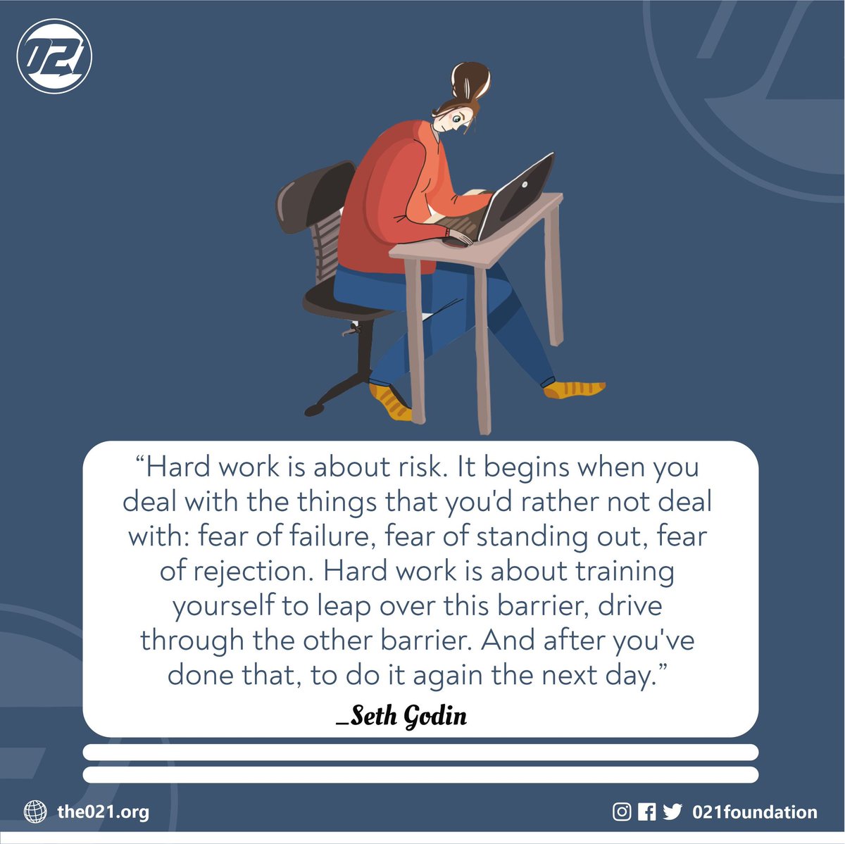021foundation's tweet image. Hard work is about risk. 

It begins when you deal with the things that you’d rather not deal with: fear of failure, fear of standing out, fear of rejection. 

#zerotoonefoundation 
#thursdaythoughts
