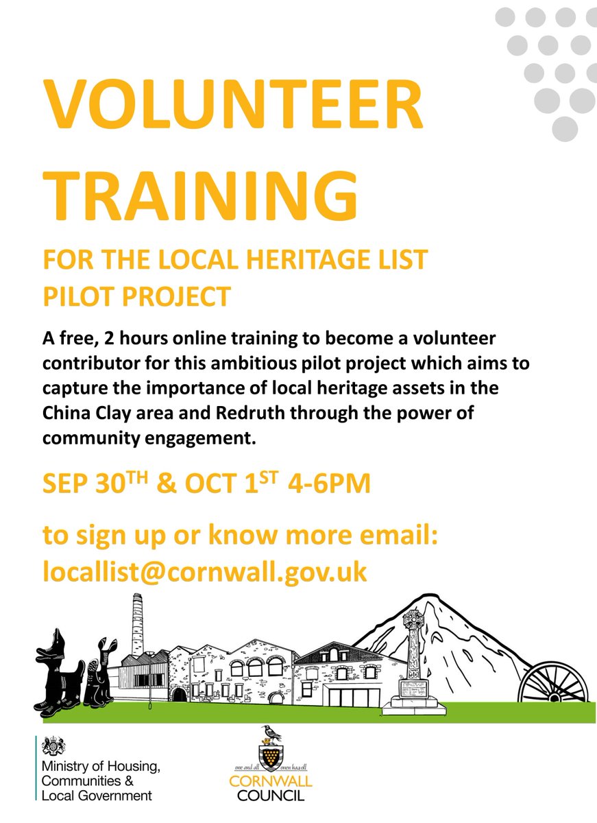 We're looking for volunteer contributors to take part in our Local Heritage List project! We're holding free training sessions on the 30th September & October 1st, from 4-6pm To sign up or find out more, please email us at locallist@cornwall.gov.uk #yourheritagestories