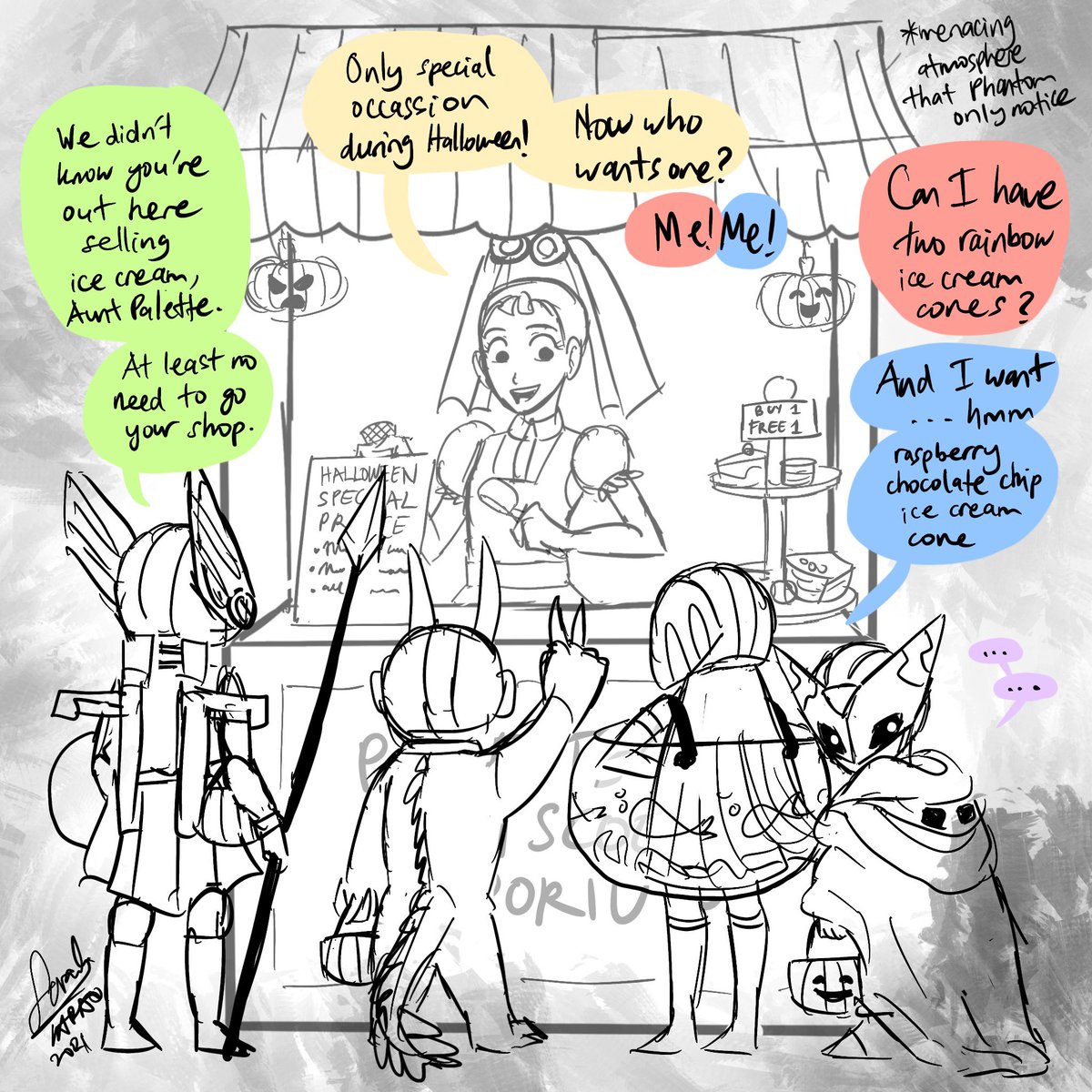 waraoReploid's tweet photo. Little did they know, Palette is actually out there selling ice cream at her booth as undercover for a dangerous “hunt” while watching over people having fun trick-or-treating.🔫🔫
Now I’m craving ice-cream 😭✨
#sageharpuia #fightingfefnir #fairyleviathan #hiddenphantom https://t.co/od9s8iDCQW